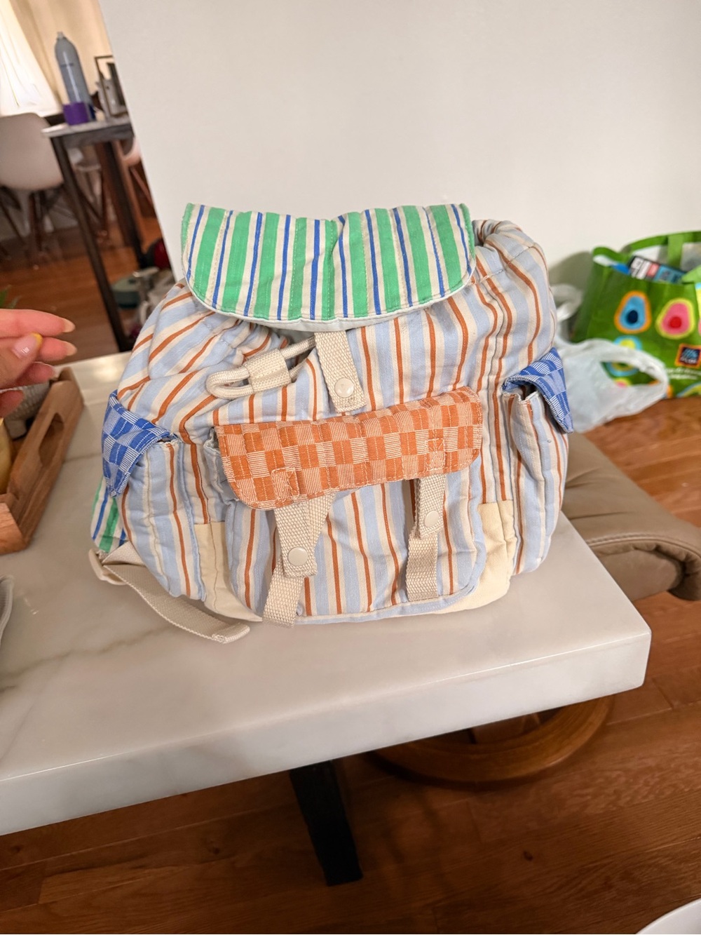 Zara Striped Kids Backpack in Green, Blue, Orange and Cream